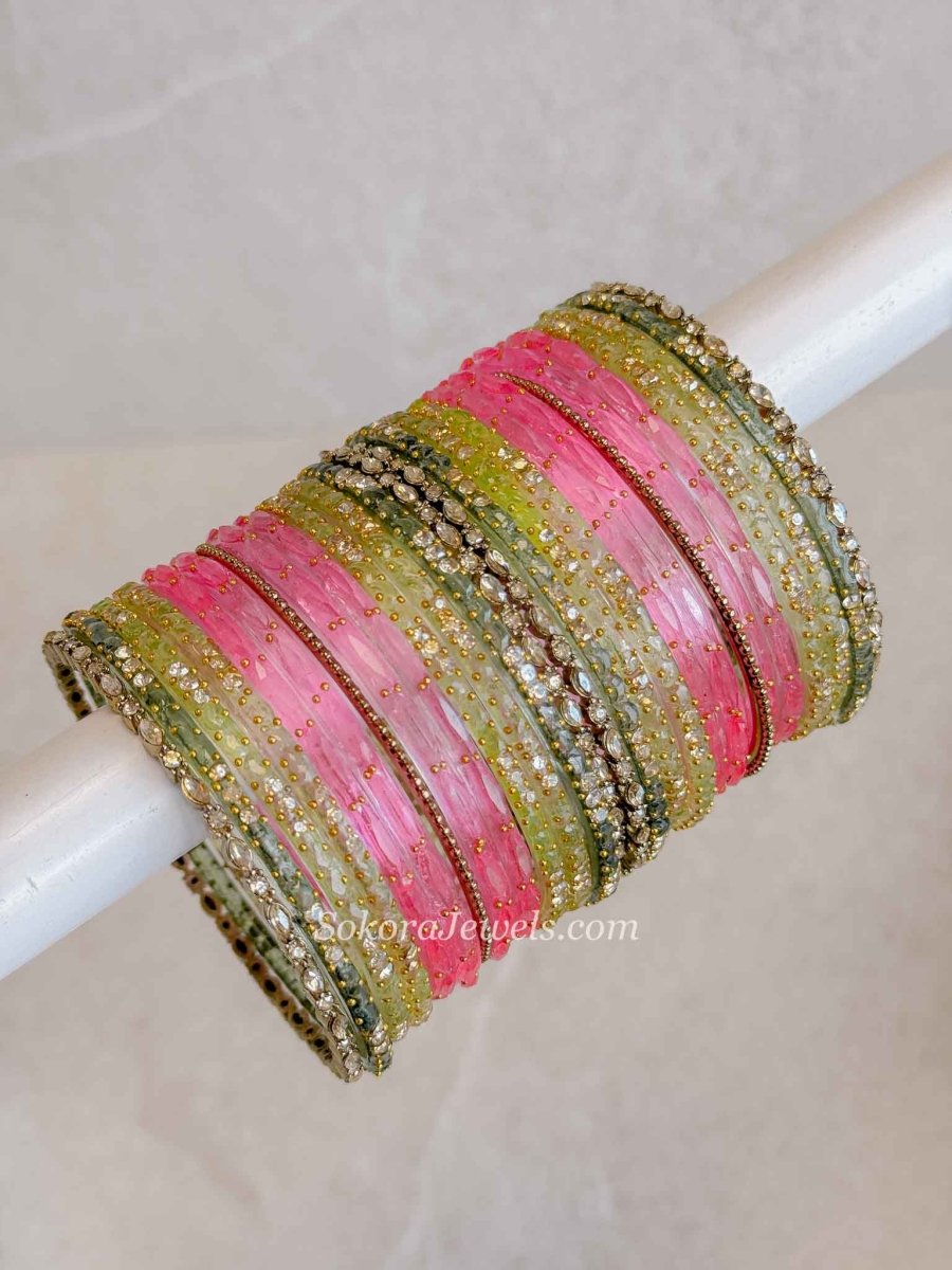 Green & Pink Glass Bangle set 2.8 - SOKORA JEWELSGreen & Pink Glass Bangle set 2.8BANGLES