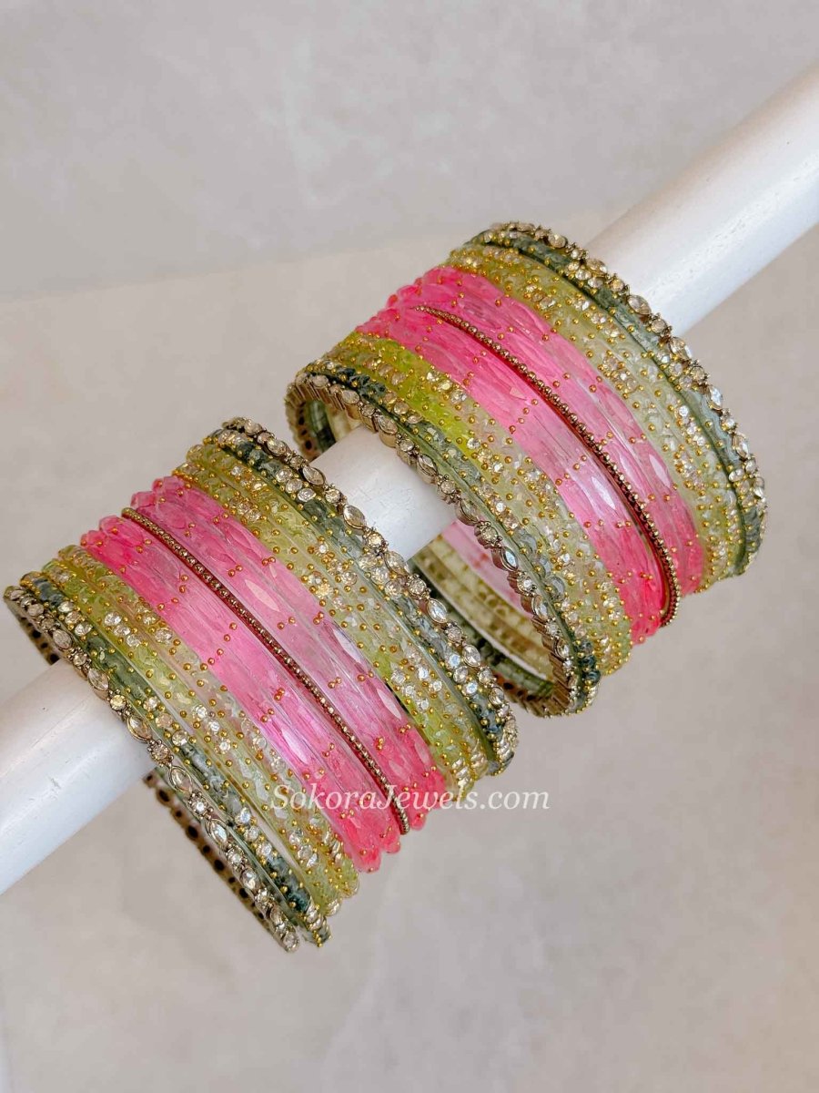 Green & Pink Glass Bangle set 2.8 - SOKORA JEWELSGreen & Pink Glass Bangle set 2.8BANGLES