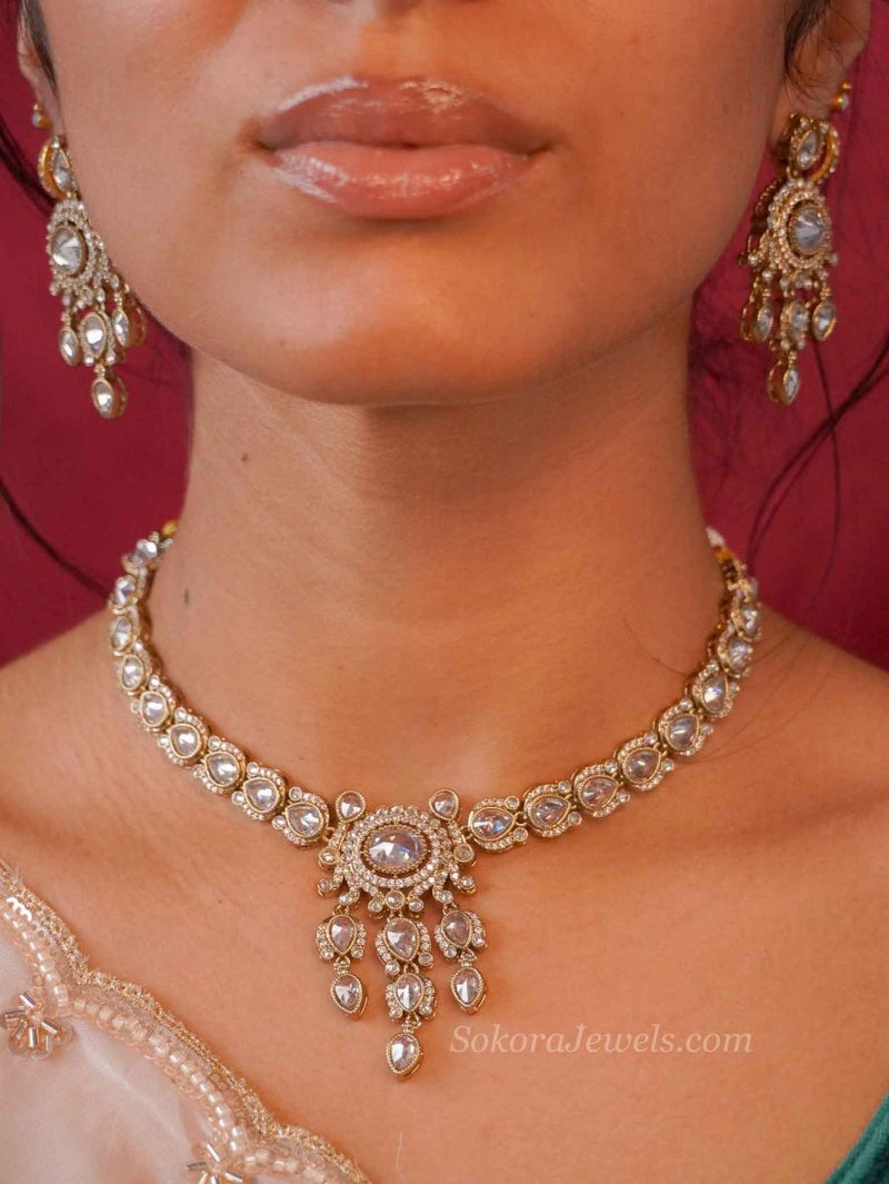 Gurpreet Small Clear Crystal Necklace set - SOKORA JEWELSGurpreet Small Clear Crystal Necklace set
