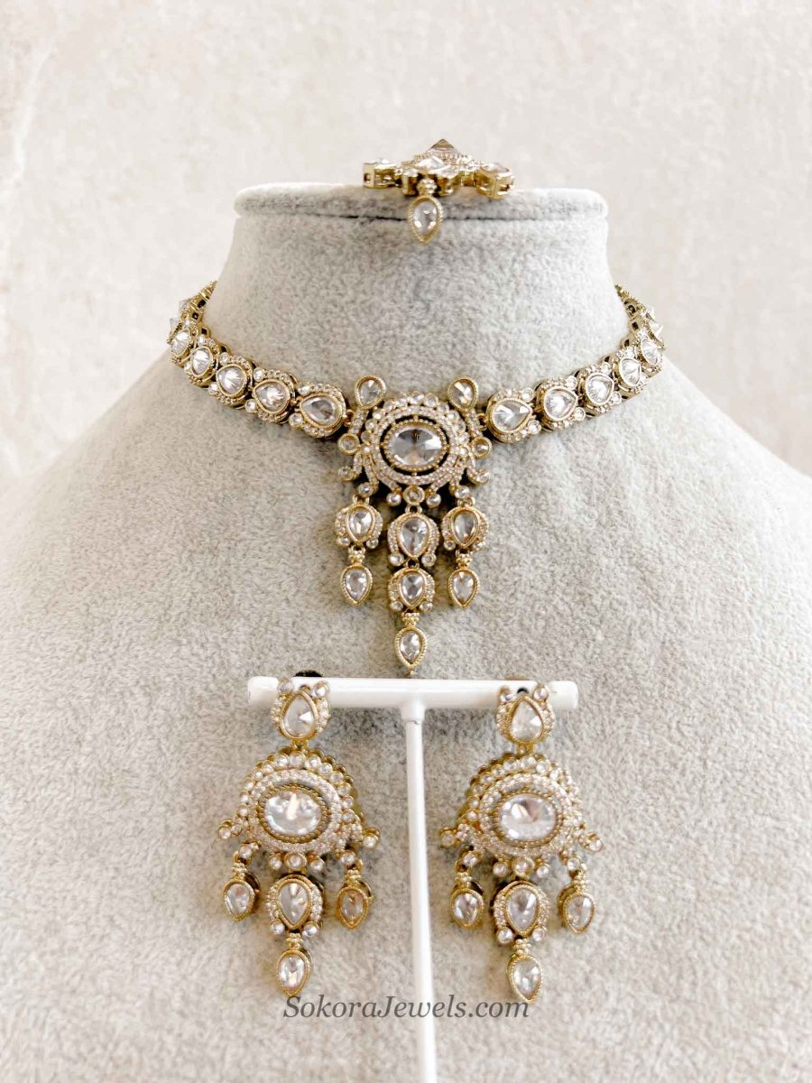 Gurpreet Small Clear Crystal Necklace set - SOKORA JEWELSGurpreet Small Clear Crystal Necklace set