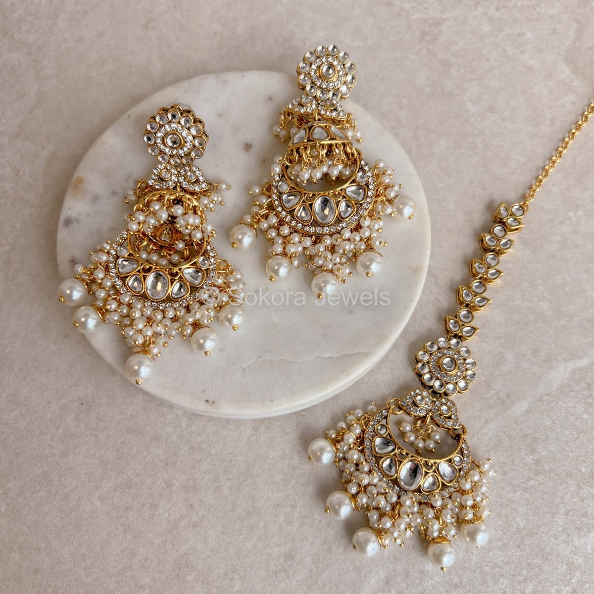 Heeramandi Earrings and Tikka Set Pearl – SOKORA JEWELS