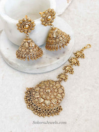 Heritage Gold Jhumka Earrings & Statement Tikka Set - SOKORA JEWELSHeritage Gold Jhumka Earrings & Statement Tikka Set