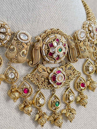 Heritage Gold Plated Peacock Motif Necklace Set – Ruby, Emerald & Kundan - SOKORA JEWELSHeritage Gold Plated Peacock Motif Necklace Set – Ruby, Emerald & Kundan