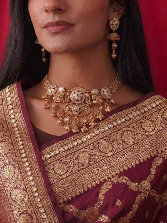Heritage Gold Plated Peacock Motif Necklace Set – Ruby, Emerald & Kundan - SOKORA JEWELSHeritage Gold Plated Peacock Motif Necklace Set – Ruby, Emerald & Kundan