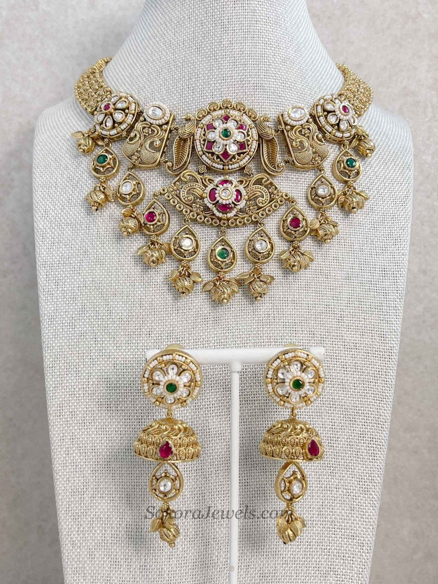 Heritage Gold Plated Peacock Motif Necklace Set – Ruby, Emerald & Kundan - SOKORA JEWELSHeritage Gold Plated Peacock Motif Necklace Set – Ruby, Emerald & Kundan