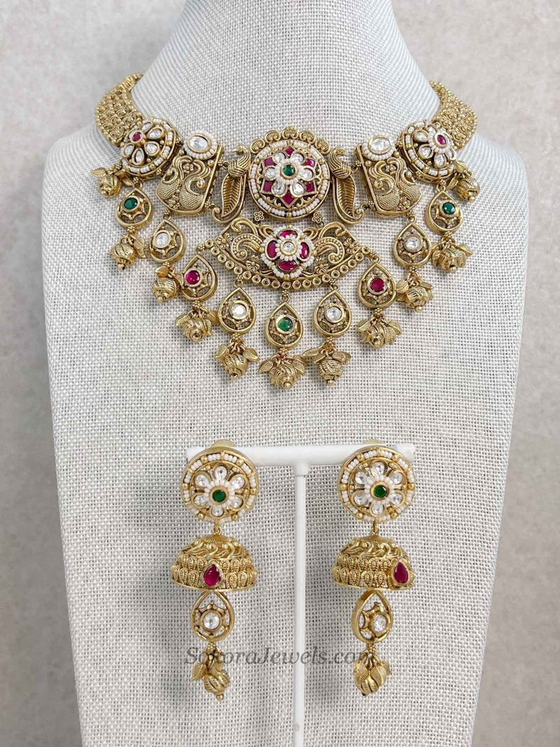 Heritage Gold Plated Peacock Motif Necklace Set – Ruby, Emerald & Kundan - SOKORA JEWELSHeritage Gold Plated Peacock Motif Necklace Set – Ruby, Emerald & Kundan