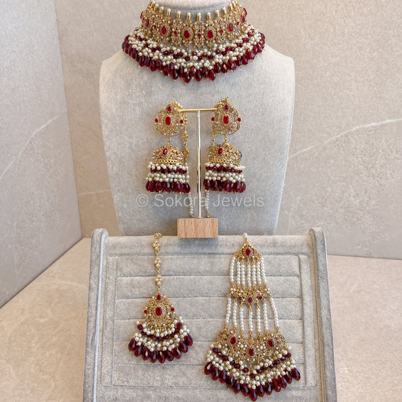 Hiba Bridal Choker Set - Maroon - SOKORA JEWELSHiba Bridal Choker Set - Maroon