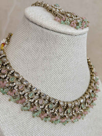 Ishita Pastel Mint & Pink Antique Gold Necklace Set - SOKORA JEWELSIshita Pastel Mint & Pink Antique Gold Necklace SetNECKLACE SETS
