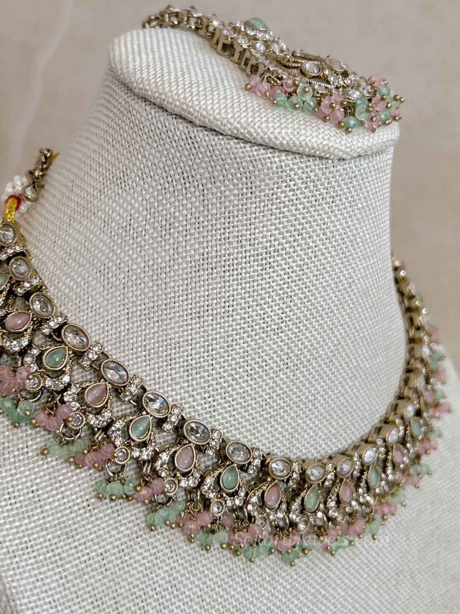 Ishita Pastel Mint & Pink Antique Gold Necklace Set - SOKORA JEWELSIshita Pastel Mint & Pink Antique Gold Necklace SetNECKLACE SETS