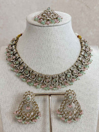 Ishita Pastel Mint & Pink Antique Gold Necklace Set - SOKORA JEWELSIshita Pastel Mint & Pink Antique Gold Necklace SetNECKLACE SETS