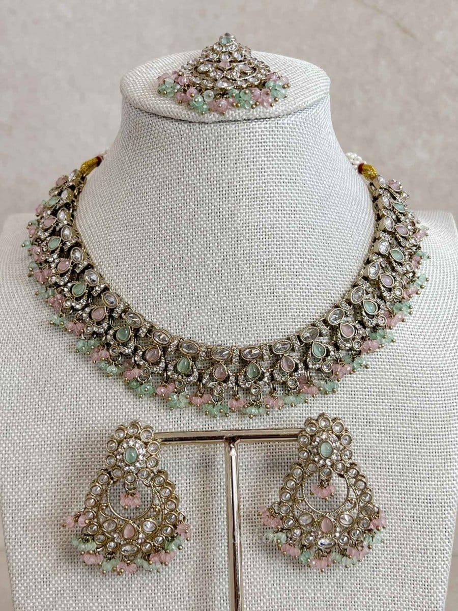 Ishita Pastel Mint & Pink Antique Gold Necklace Set - SOKORA JEWELSIshita Pastel Mint & Pink Antique Gold Necklace SetNECKLACE SETS