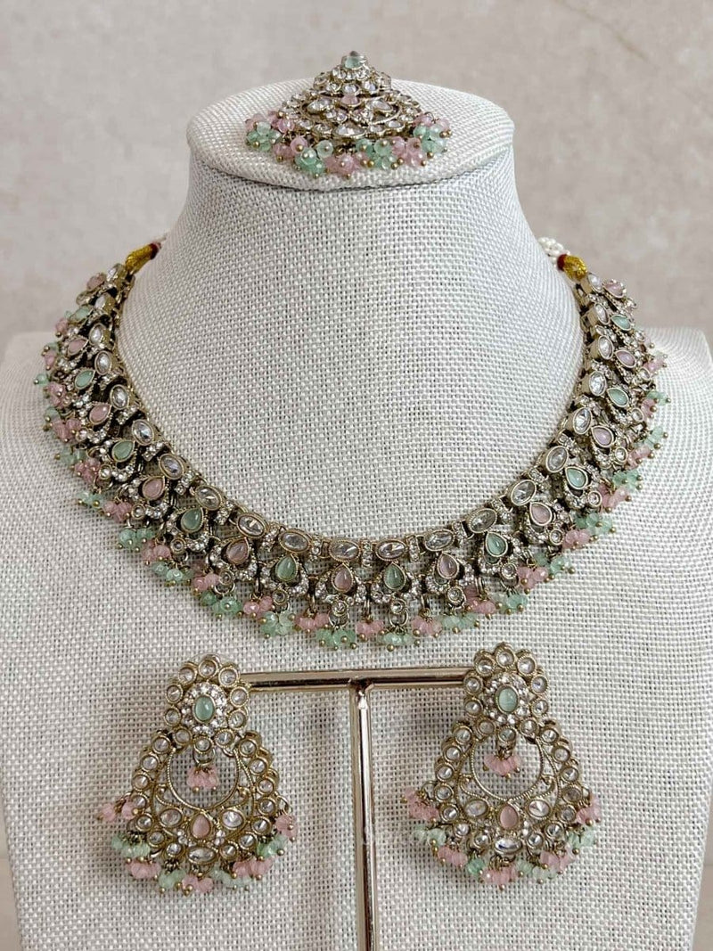 Ishita Pastel Mint & Pink Antique Gold Necklace Set - SOKORA JEWELSIshita Pastel Mint & Pink Antique Gold Necklace SetNECKLACE SETS