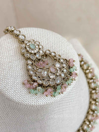 Ishita Pastel Mint & Pink Antique Gold Necklace Set - SOKORA JEWELSIshita Pastel Mint & Pink Antique Gold Necklace SetNECKLACE SETS