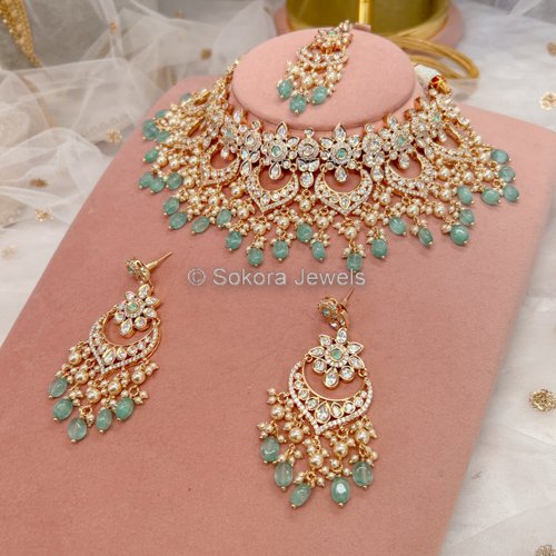 Jade Gold Plated Kundan Set - Mint Green - SOKORA JEWELSJade Gold Plated Kundan Set - Mint GreenNECKLACE SETS