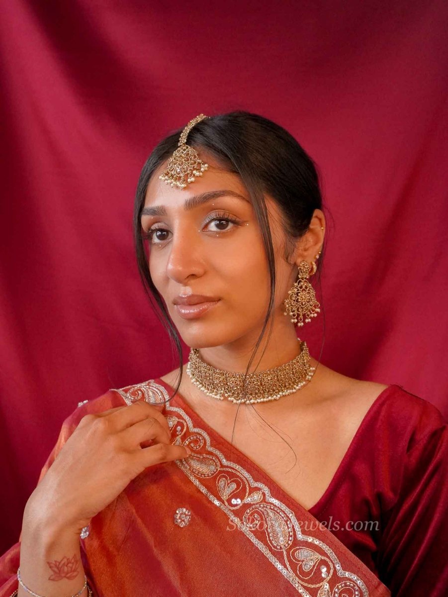 Jeevan Golden Choker Set - Pearl - SOKORA JEWELSJeevan Golden Choker Set - Pearl