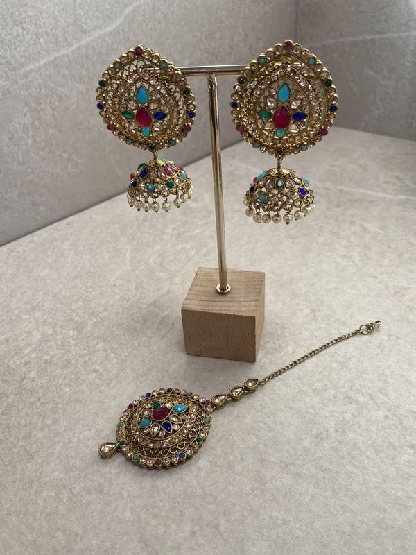 Jhumka Earring & Tikka set - Champagne - SOKORA JEWELSJhumka Earring & Tikka set - Champagne