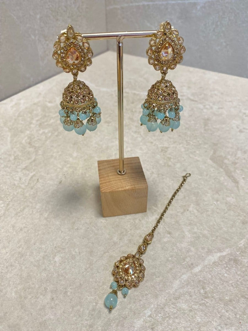 Jhumka Earring & Tikka set - Pale Blue - SOKORA JEWELSJhumka Earring & Tikka set - Pale Blue
