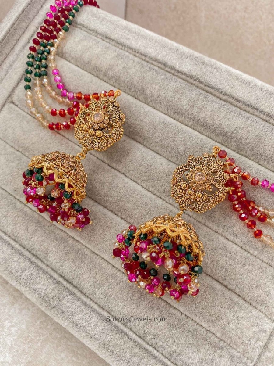 Jhumka Earrings with Ear chains - Multicolour - SOKORA JEWELSJhumka Earrings with Ear chains - Multicolour