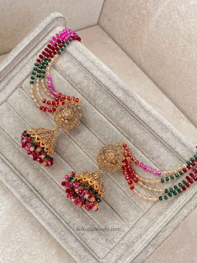 Jhumka Earrings with Ear chains - Multicolour - SOKORA JEWELSJhumka Earrings with Ear chains - Multicolour