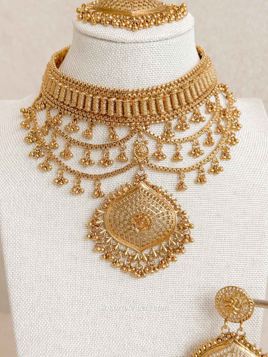 Jyoti Gold Layered Necklace Set - SOKORA JEWELSJyoti Gold Layered Necklace Set