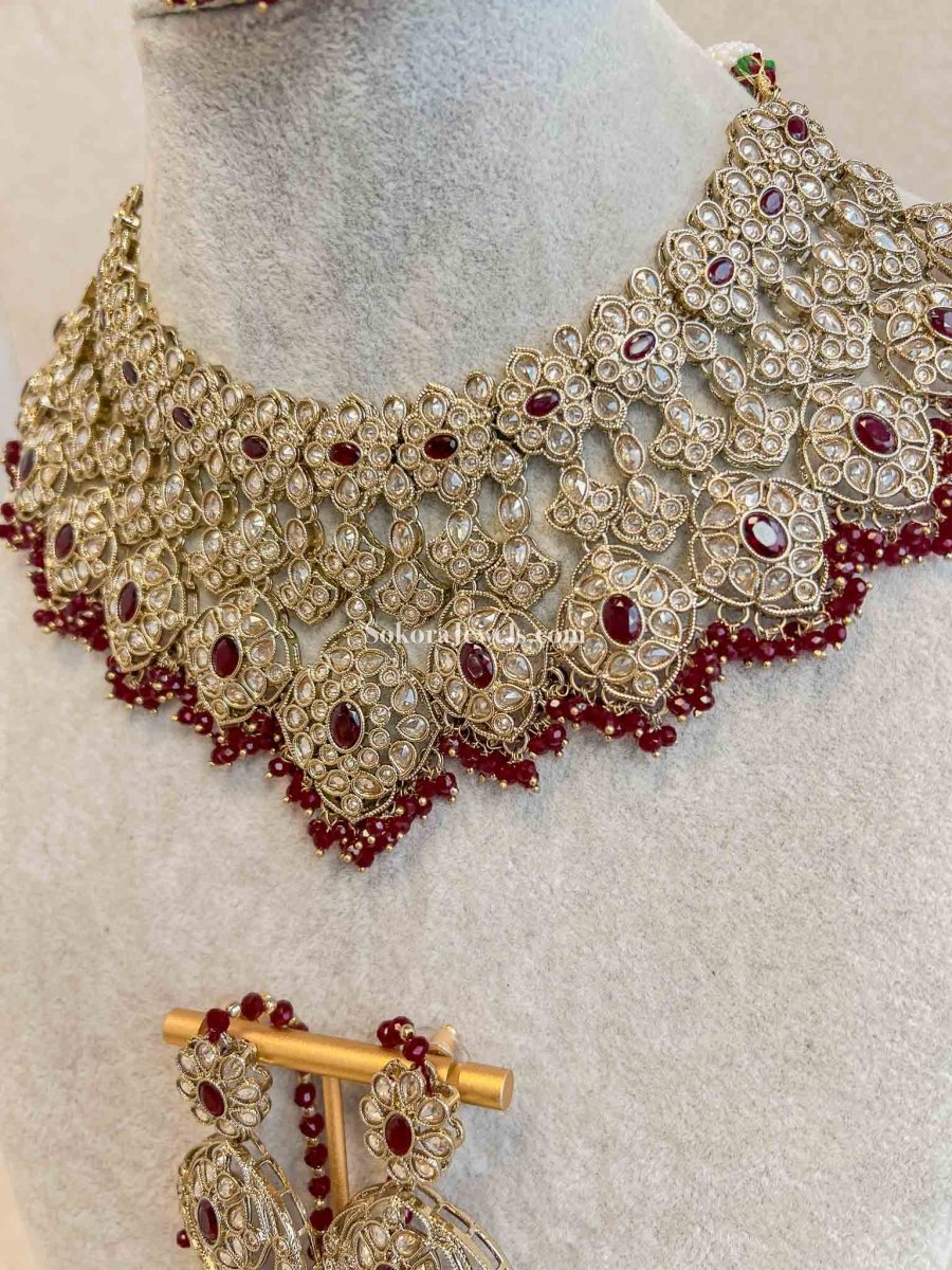 Kavita Bridal Necklace Set - Maroon - SOKORA JEWELSKavita Bridal Necklace Set - Maroon