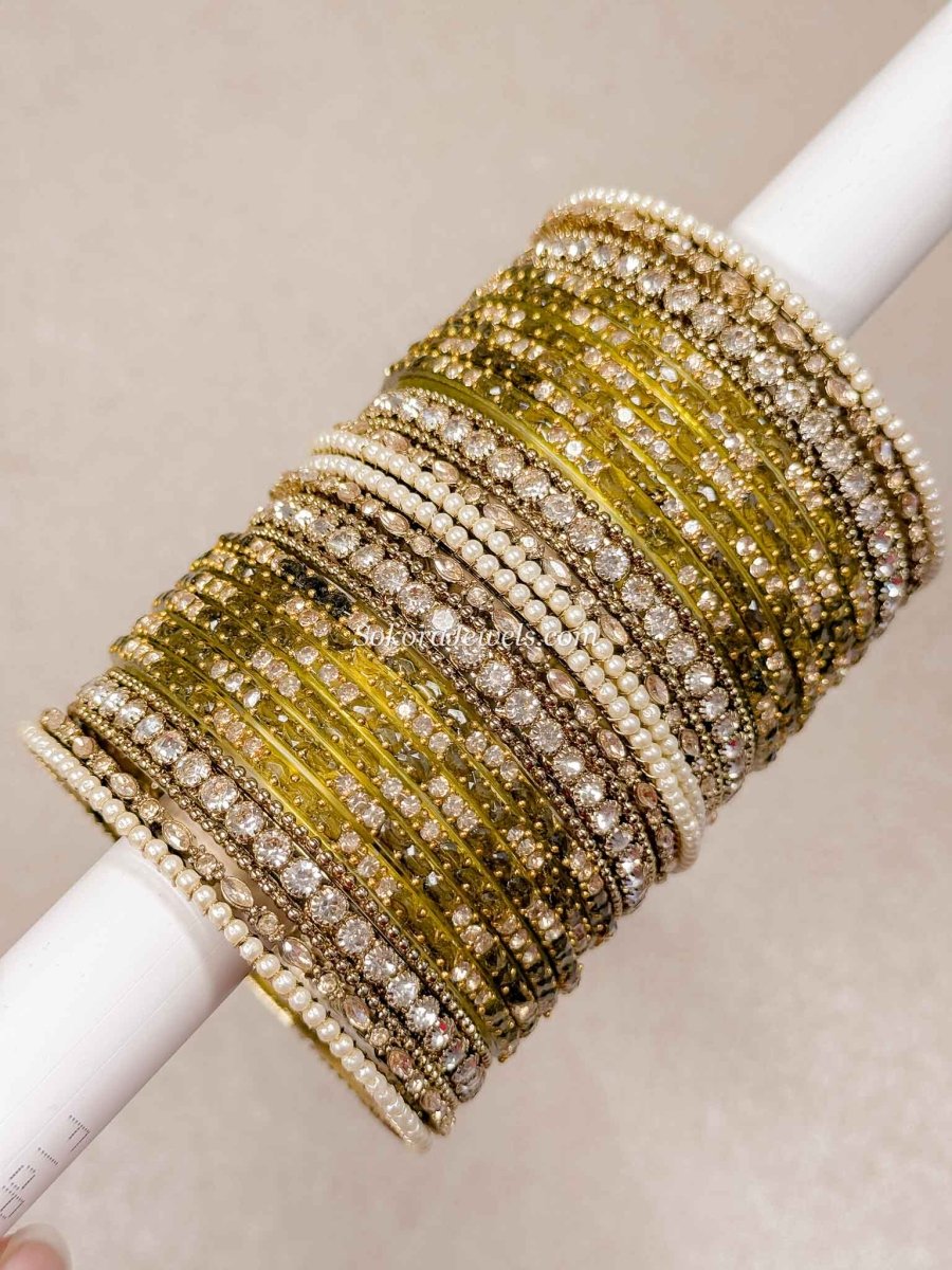 Khaki Green Glass Bangle set - 2.8 - SOKORA JEWELSKhaki Green Glass Bangle set - 2.8BANGLES
