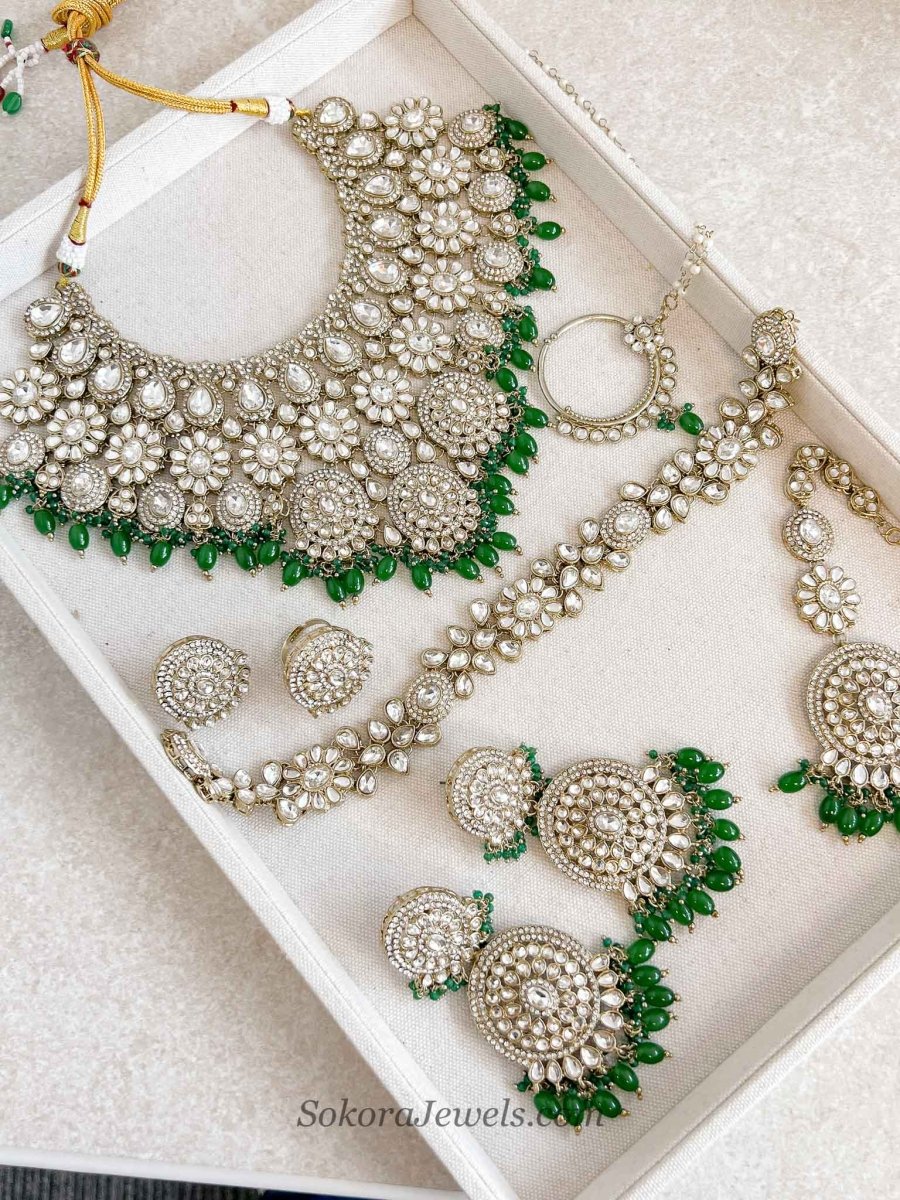 Kundan Green Bridal set with Headband - SOKORA JEWELSKundan Green Bridal set with Headband