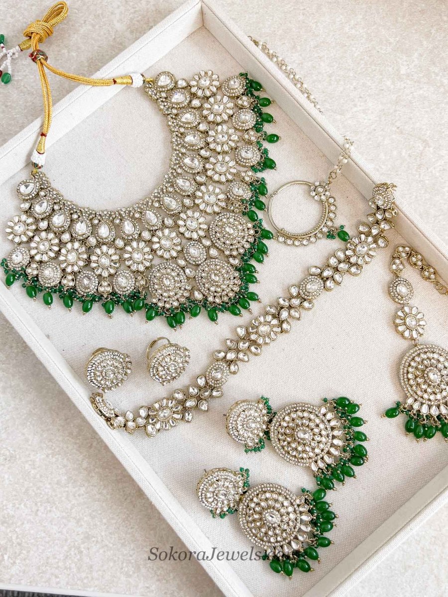 Kundan Green Bridal set with Headband - SOKORA JEWELSKundan Green Bridal set with Headband