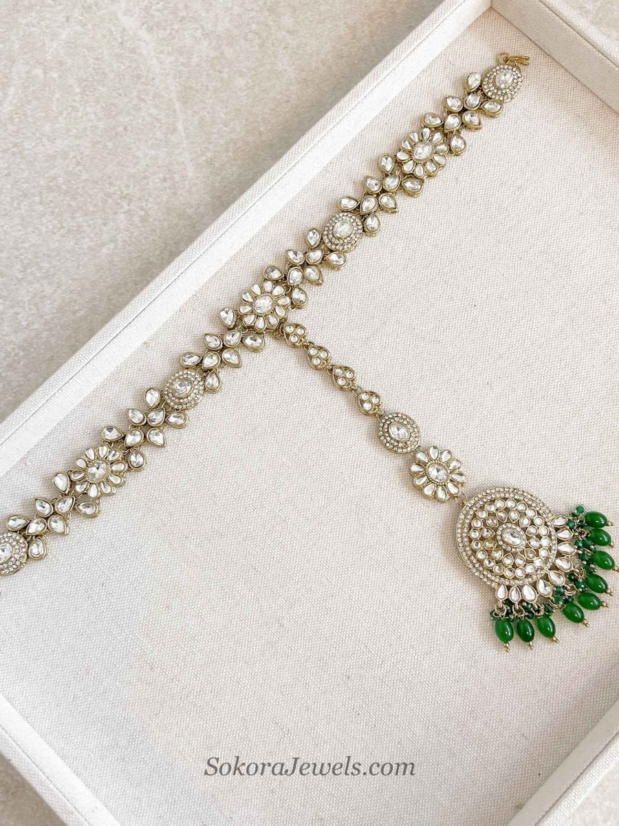 Kundan Green Bridal set with Headband - SOKORA JEWELSKundan Green Bridal set with Headband