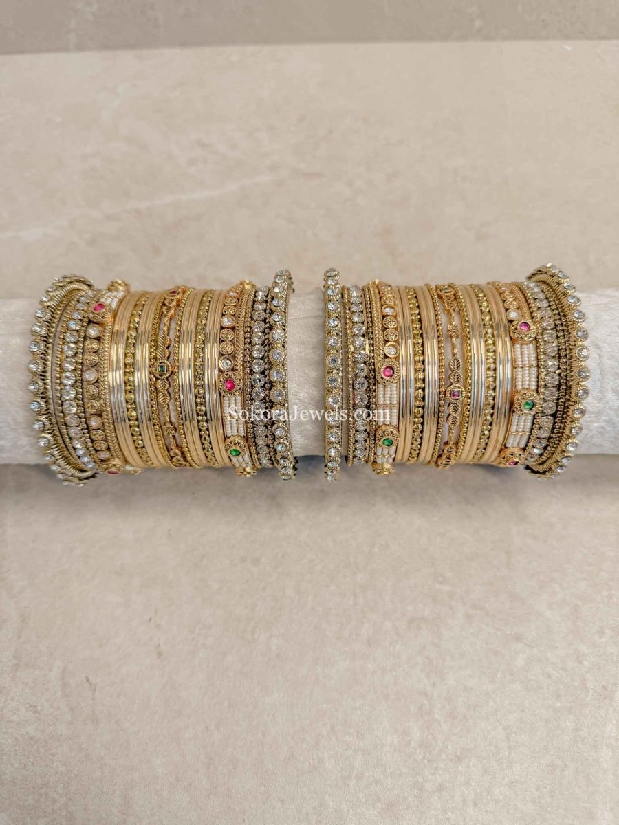 Kundan Kada Bangle Set - 3 Colour Option - SOKORA JEWELSKundan Kada Bangle Set - 3 Colour OptionBANGLES