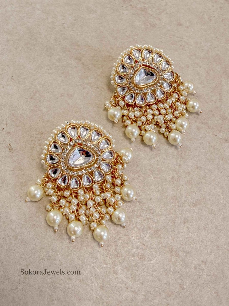 Kundan Large Pearl Drop Earrings - SOKORA JEWELSKundan Large Pearl Drop Earringsstuds and tops