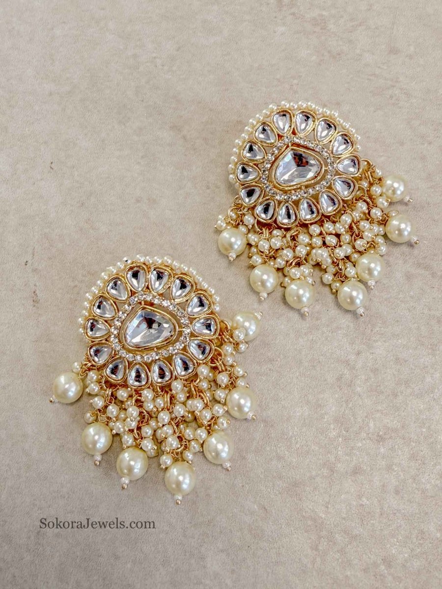 Kundan Large Pearl Drop Earrings - SOKORA JEWELSKundan Large Pearl Drop Earringsstuds and tops
