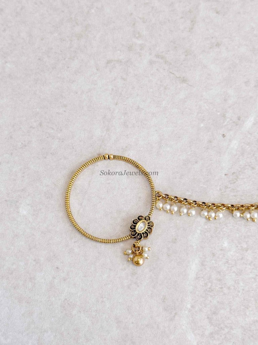 Kundan Pearl Bridal Nath with Chain - SOKORA JEWELSKundan Pearl Bridal Nath with Chain