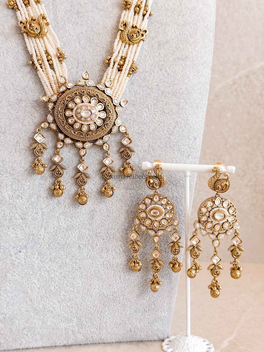 Kundan & Pearl Long Mala with Earrings - SOKORA JEWELSKundan & Pearl Long Mala with Earrings