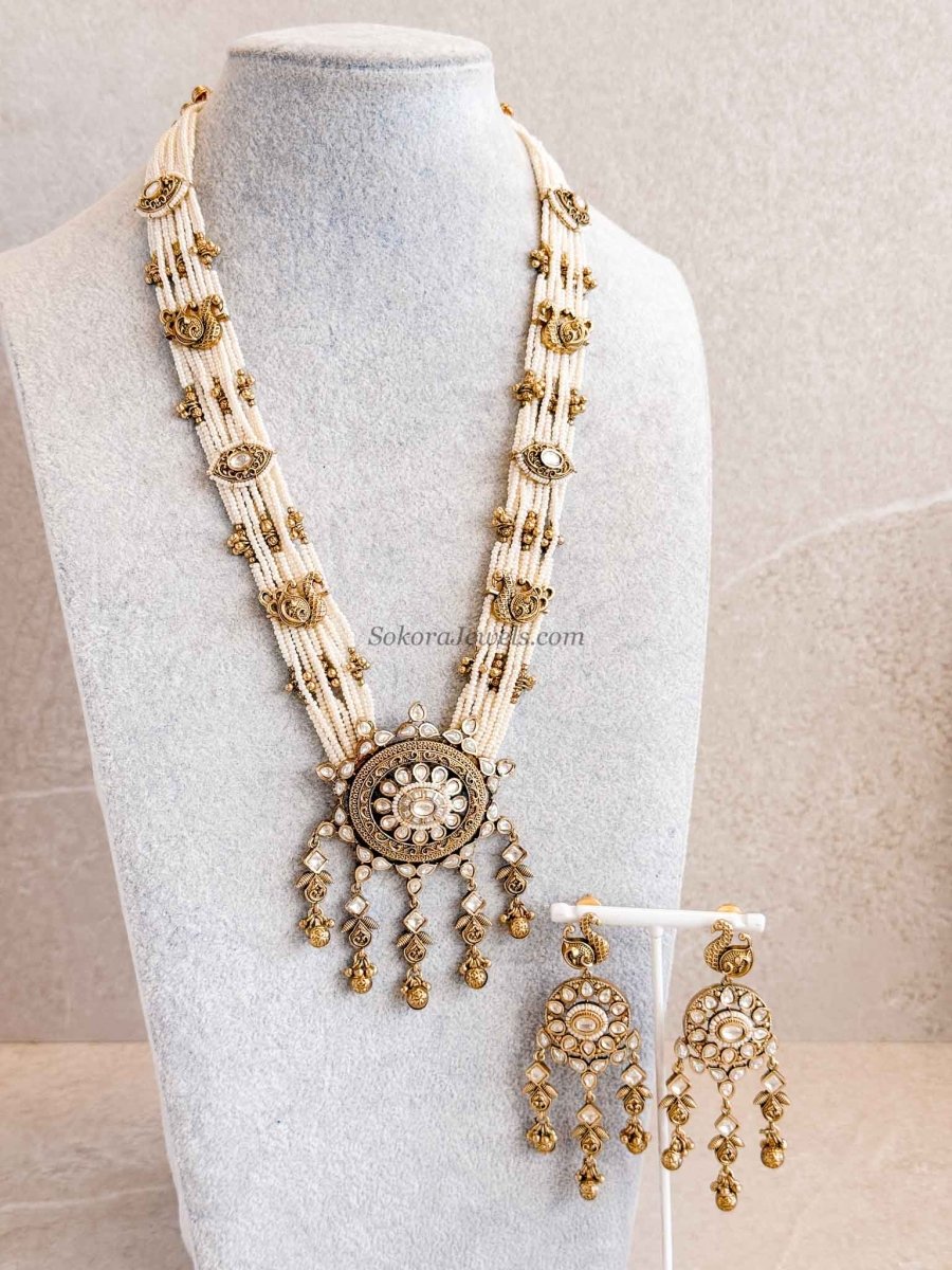 Kundan & Pearl Long Mala with Earrings - SOKORA JEWELSKundan & Pearl Long Mala with Earrings