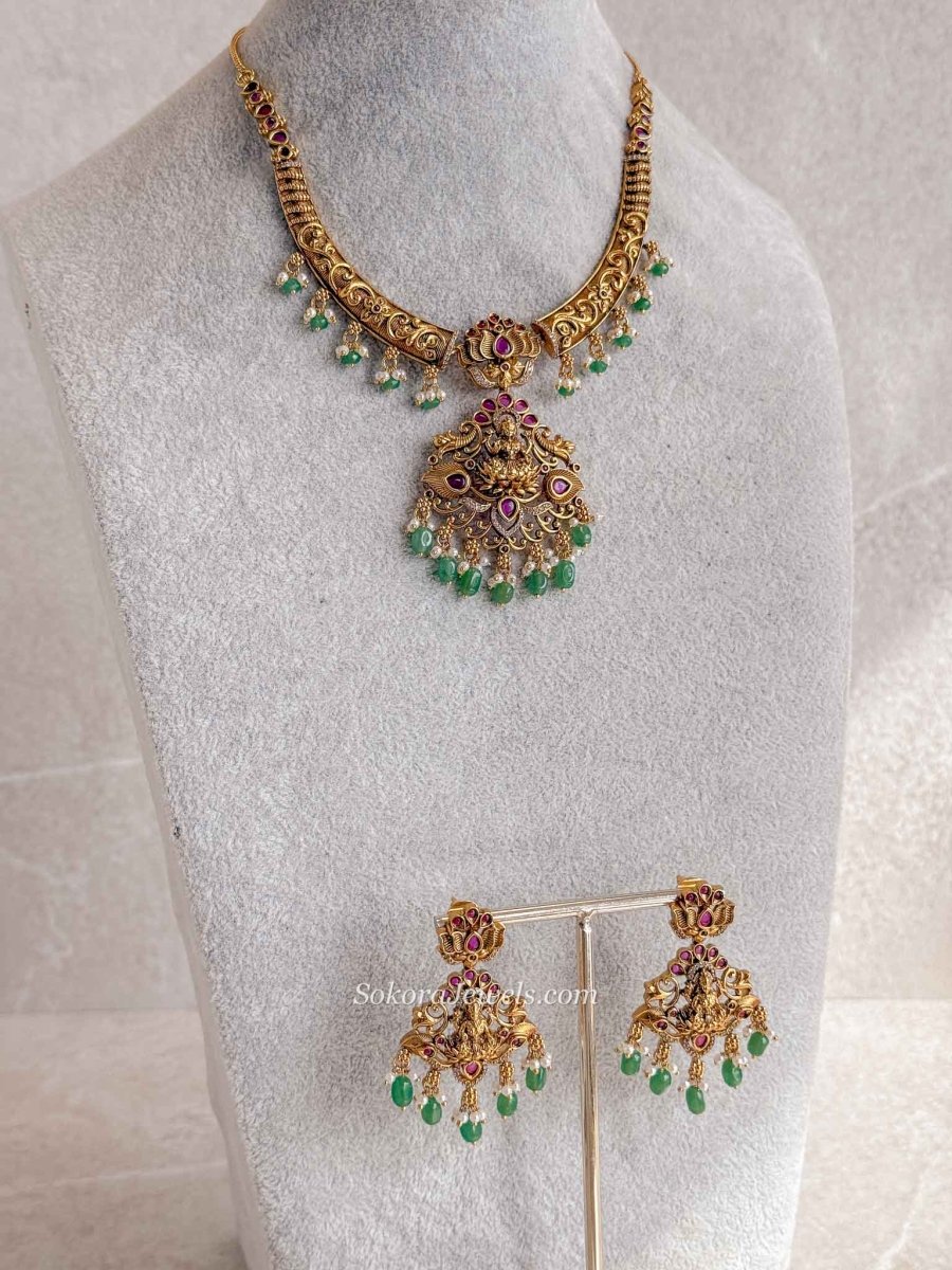 Lakshmi Temple Necklace Set with Green Bead Drops - SOKORA JEWELSLakshmi Temple Necklace Set with Green Bead Drops