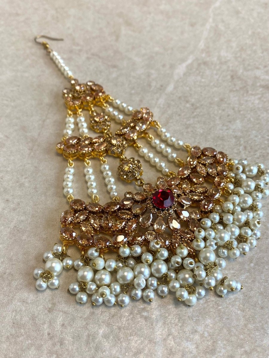 Large Antique Gold & Pearl Jhumar - Maroon - SOKORA JEWELSLarge Antique Gold & Pearl Jhumar - Maroon