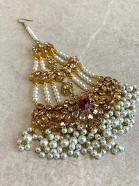 Large Antique Gold & Pearl Jhumar - Maroon - SOKORA JEWELSLarge Antique Gold & Pearl Jhumar - Maroon