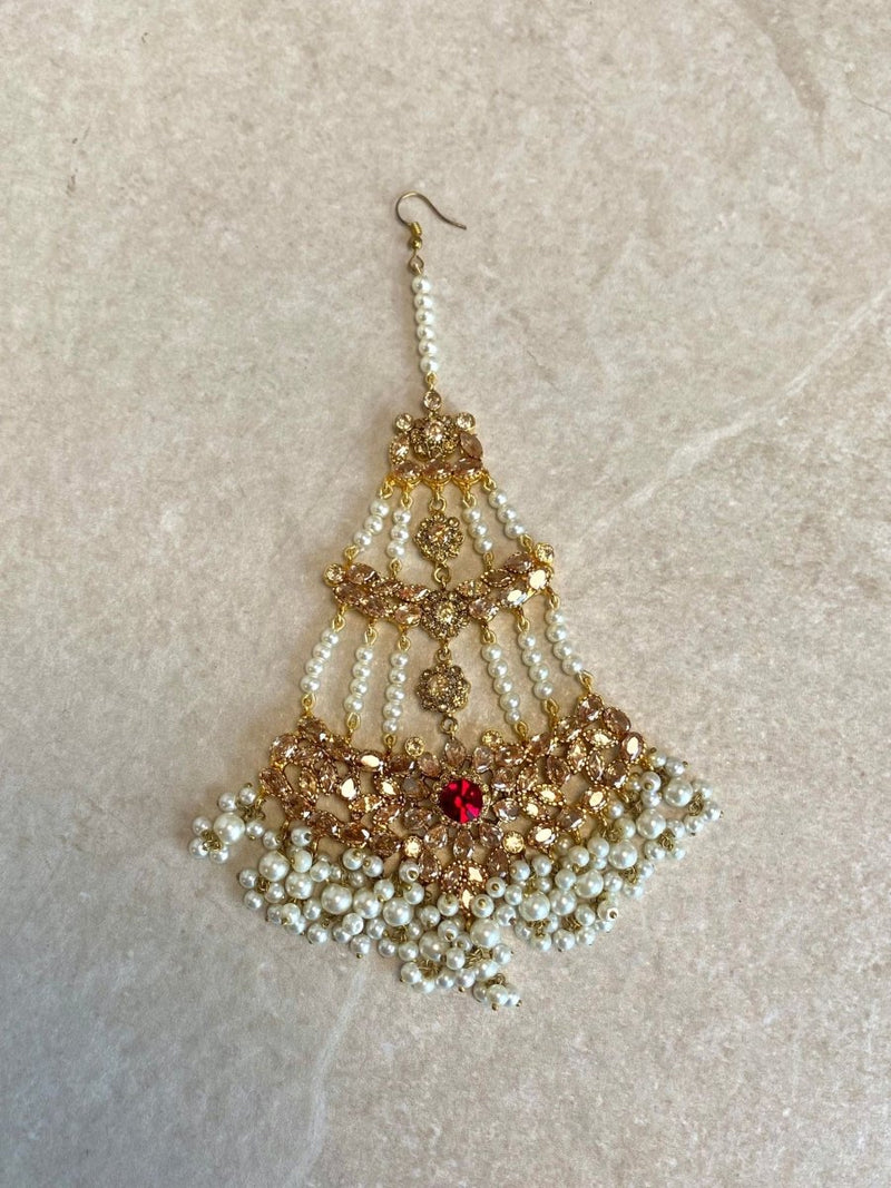 Large Antique Gold & Pearl Jhumar - Maroon - SOKORA JEWELSLarge Antique Gold & Pearl Jhumar - Maroon