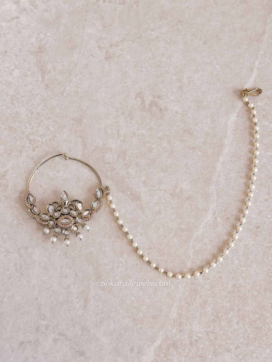 Large Bridal Kundan Pearl Nath (Non - Pierced) - SOKORA JEWELSLarge Bridal Kundan Pearl Nath (Non - Pierced)