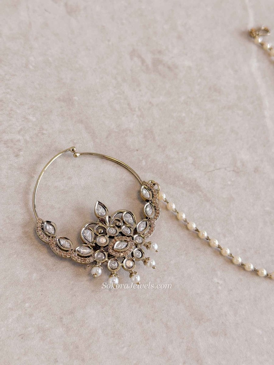 Large Bridal Kundan Pearl Nath (Non - Pierced) - SOKORA JEWELSLarge Bridal Kundan Pearl Nath (Non - Pierced)