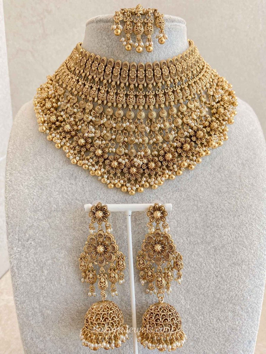 Large Bridal Necklace Set – Gold Ball Pearl - SOKORA JEWELSLarge Bridal Necklace Set – Gold Ball Pearl