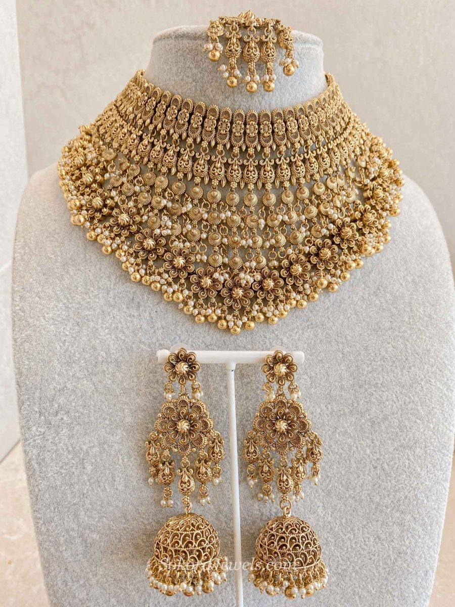 Large Bridal Necklace Set – Gold Ball Pearl - SOKORA JEWELSLarge Bridal Necklace Set – Gold Ball Pearl