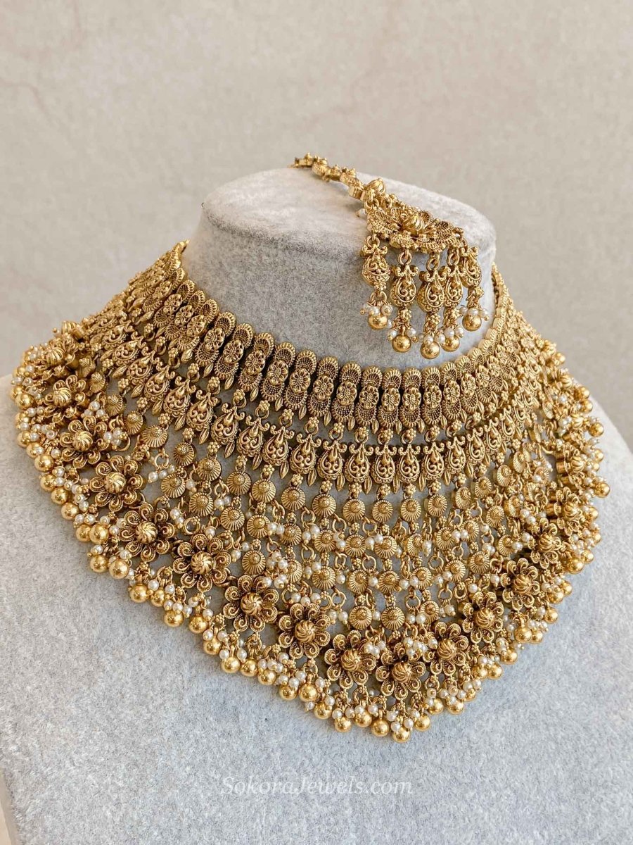 Large Bridal Necklace Set – Gold Ball Pearl - SOKORA JEWELSLarge Bridal Necklace Set – Gold Ball Pearl