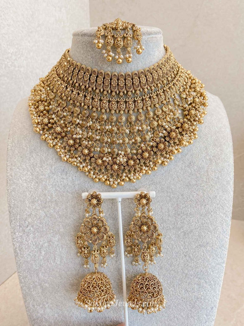 Large Bridal Necklace Set – Gold Ball Pearl - SOKORA JEWELSLarge Bridal Necklace Set – Gold Ball Pearl
