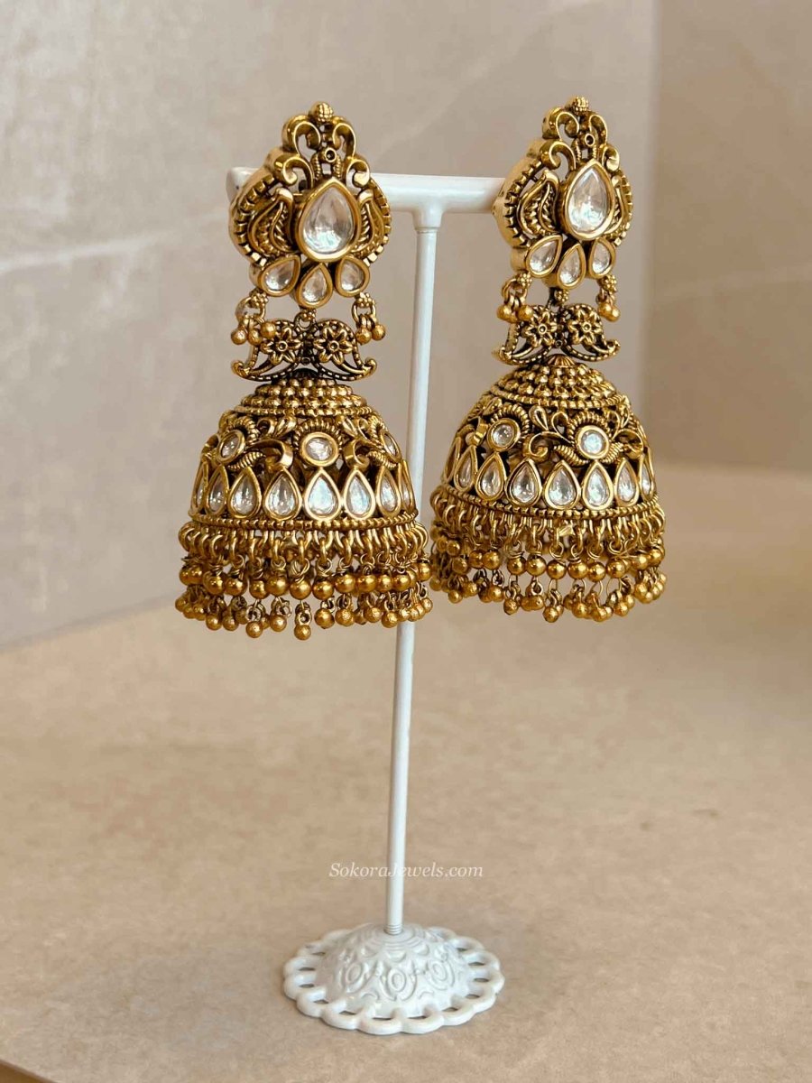Large Gold Plated Kundan & Gold Ball Jhumka Earrings - SOKORA JEWELSLarge Gold Plated Kundan & Gold Ball Jhumka Earrings