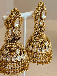 Large Gold Plated Kundan & Gold Ball Jhumka Earrings - SOKORA JEWELSLarge Gold Plated Kundan & Gold Ball Jhumka Earrings