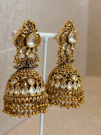 Large Gold Plated Kundan & Gold Ball Jhumka Earrings - SOKORA JEWELSLarge Gold Plated Kundan & Gold Ball Jhumka Earrings