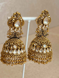 Large Gold Plated Kundan & Gold Ball Jhumka Earrings - SOKORA JEWELSLarge Gold Plated Kundan & Gold Ball Jhumka Earrings