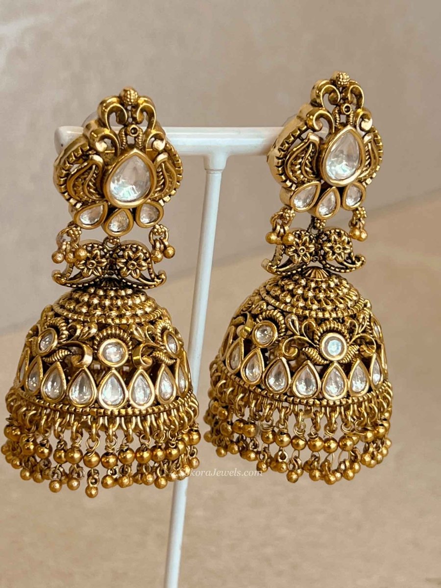 Large Gold Plated Kundan & Gold Ball Jhumka Earrings - SOKORA JEWELSLarge Gold Plated Kundan & Gold Ball Jhumka Earrings